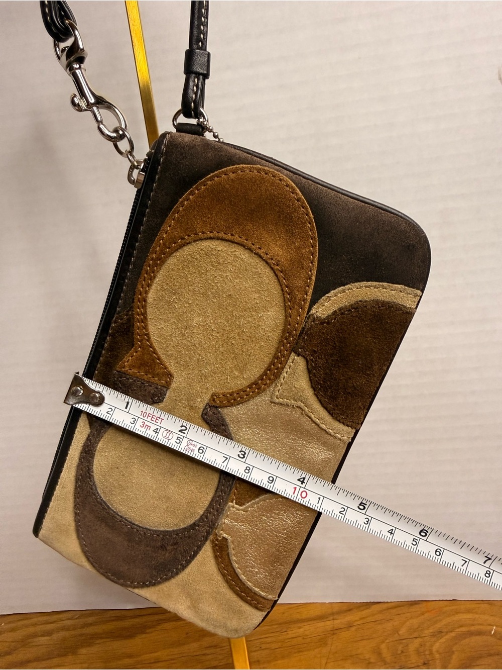 Coach Signature Patchwork Suede Wristlet Brown Tan Leather Pouch Y2K - Picture 3 of 12